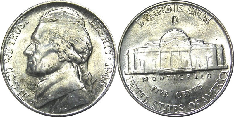 1945 D Wartime Jefferson Nickel 