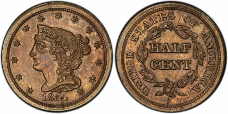 US Half Cent Pattern Coins  1854 Judd-155, Pollock-184 Half Cent PCGS PR63BN