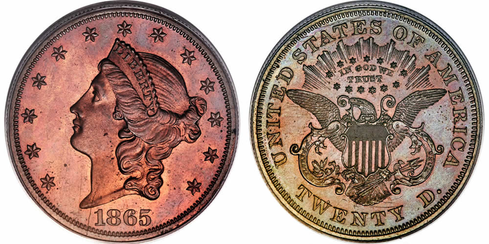 US Double Eagle ($20) Pattern Coins  1865 $20 Twenty Dollar, Judd-453, Pollock-526, PCGS PR65RB