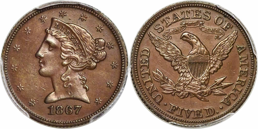 US Half Eagle ($5) Pattern Coins  1867 $5 Five Dollar, Judd-599, Pollock-665, PCGS PR58