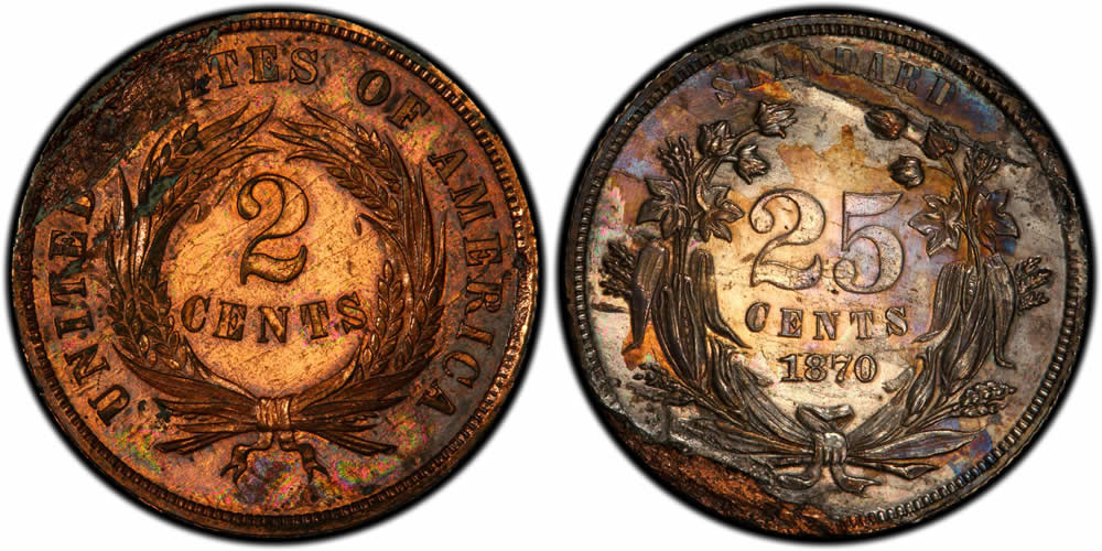 US Two Cent (2c) Pattern Coins  1870 2 Cent / 25 Cent, Judd-793a, Pollock-880, PCGS PR-61