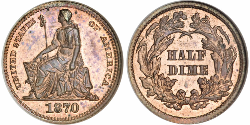 US Half Disme and Half Dime (H10c) Pattern Coins  1870 H10C Half Dime, Judd-817, Pollock-906, NGC PR66 RB