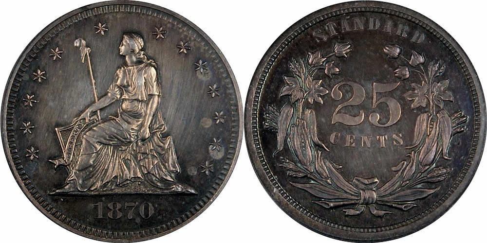 US Quarter (25c) Pattern Coins  1870 Seated Liberty Quarter, Judd-877, Pollock-974, PCGS PR61